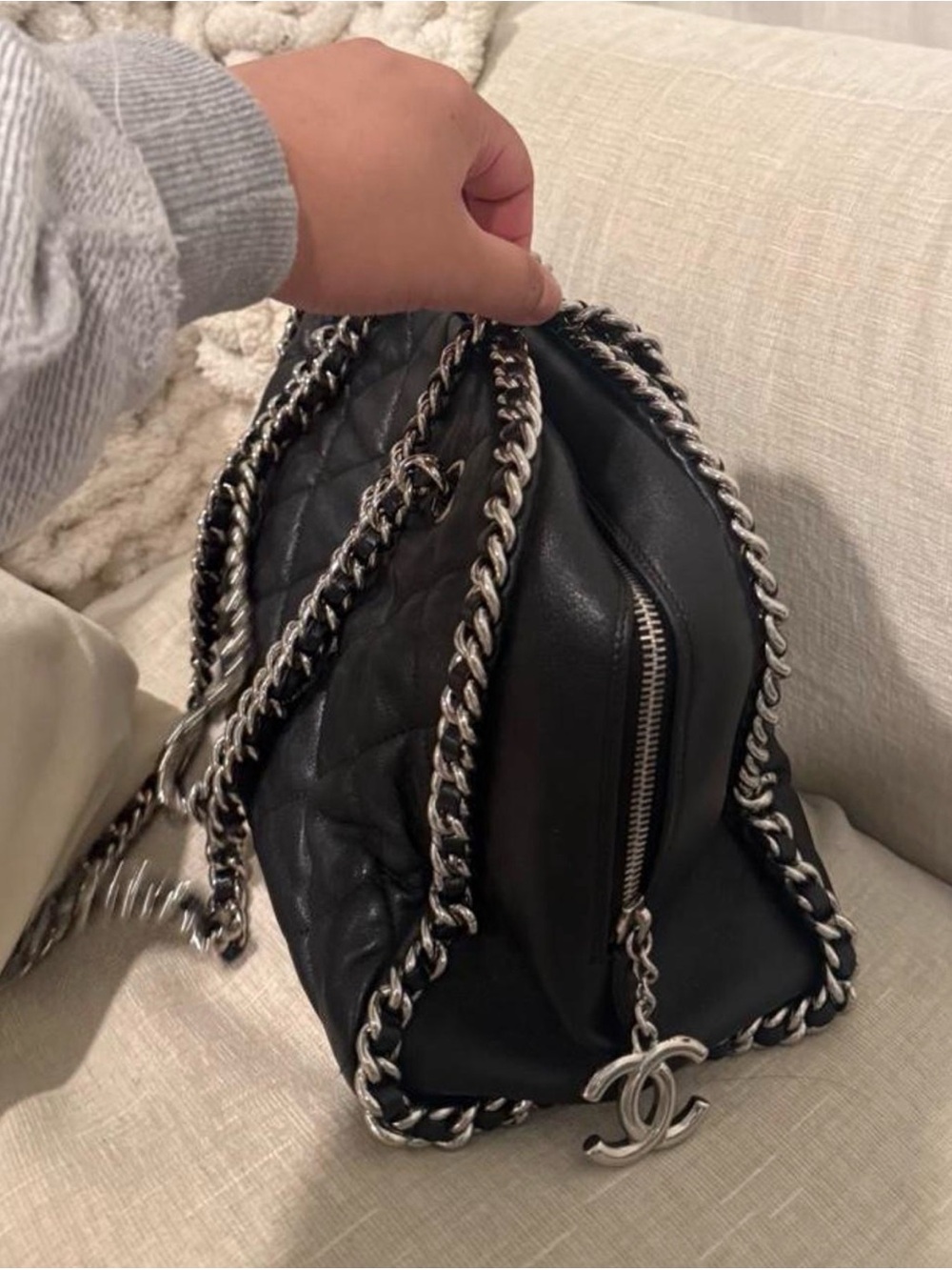 CHANEL Black Quilted Leather Chain-Trim Shoulder Bag with Silver Hardware